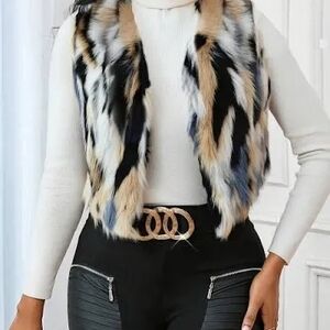 SHEIN Black and Tan Faux Fur Vest